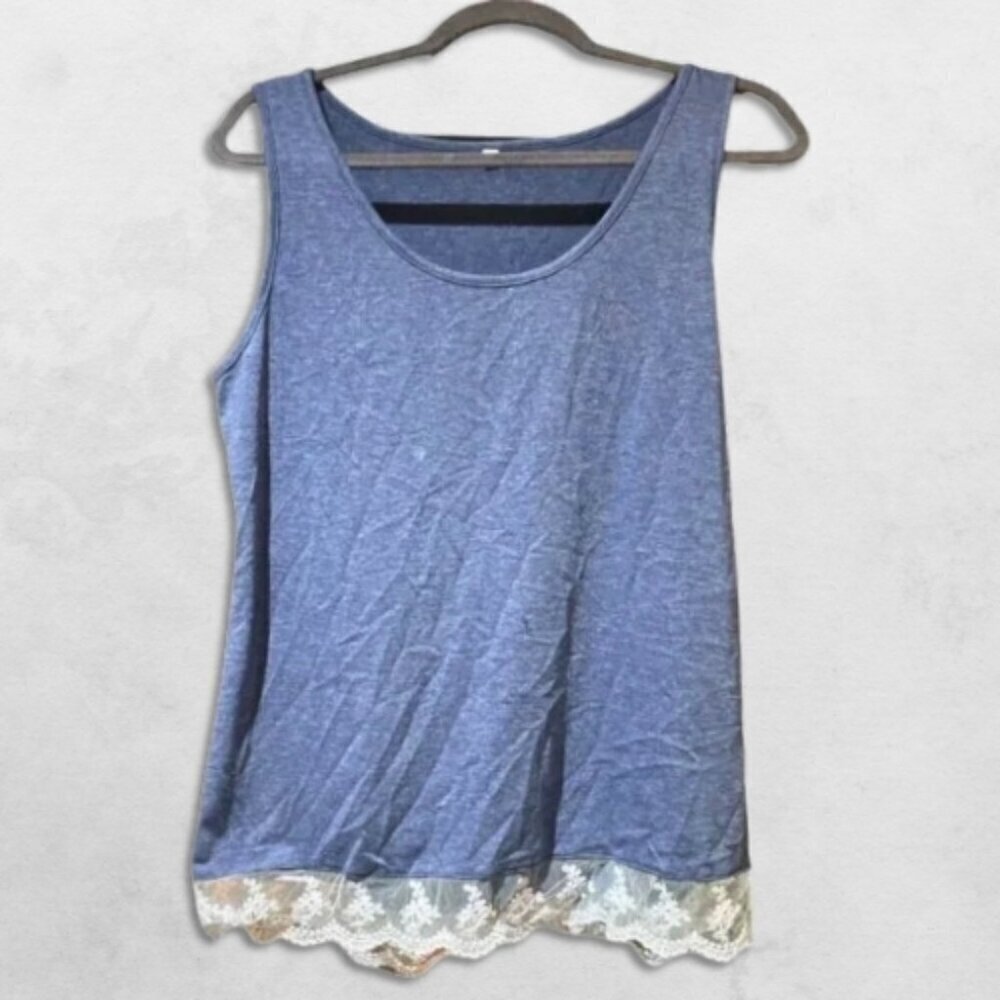 Flowy Tank Top Lace Hemline Relaxed Fit Lightweight Blue White Women's Medium